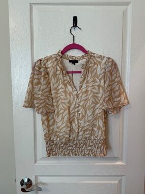Haver London Sheer Blouse M Tan Cream Botanical Leaf Ruffle Collar Puff Sleeve